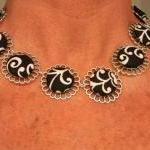 Silver Nickel Flowered Linked Necklace With Fabric..