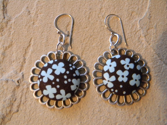 - Flower Earrings With Button Covered Fabric Centerfrom Siljewel