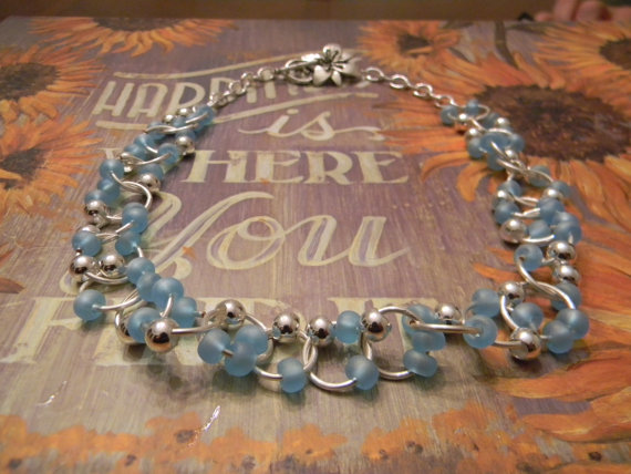 - Glass Beaded Linked Necklace Baby Blue Glass Silver Plated Beads